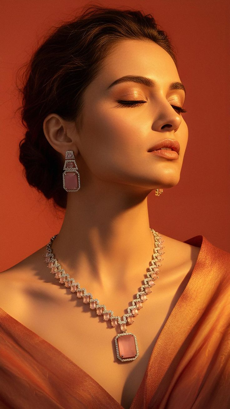 Female model wearing silver necklace